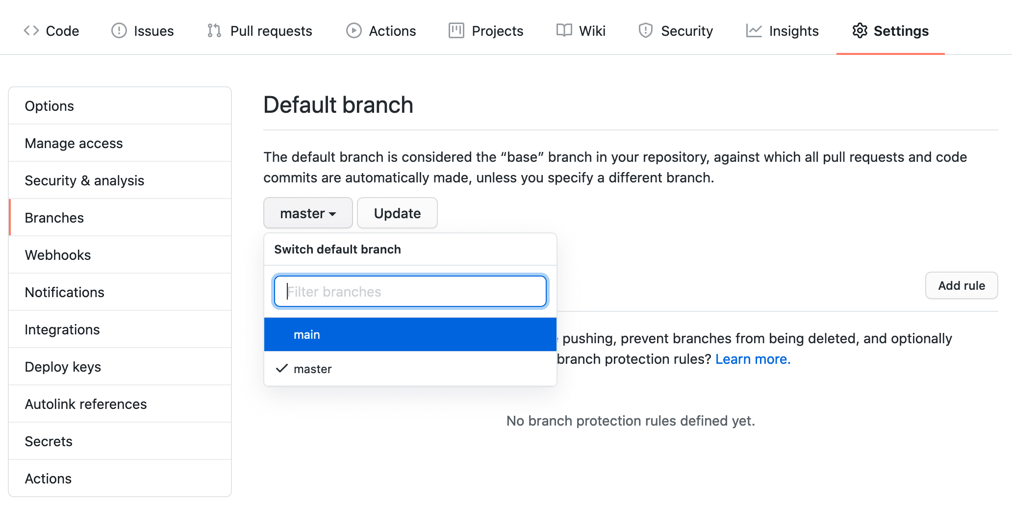 Changing the default branch of a GitHub repository