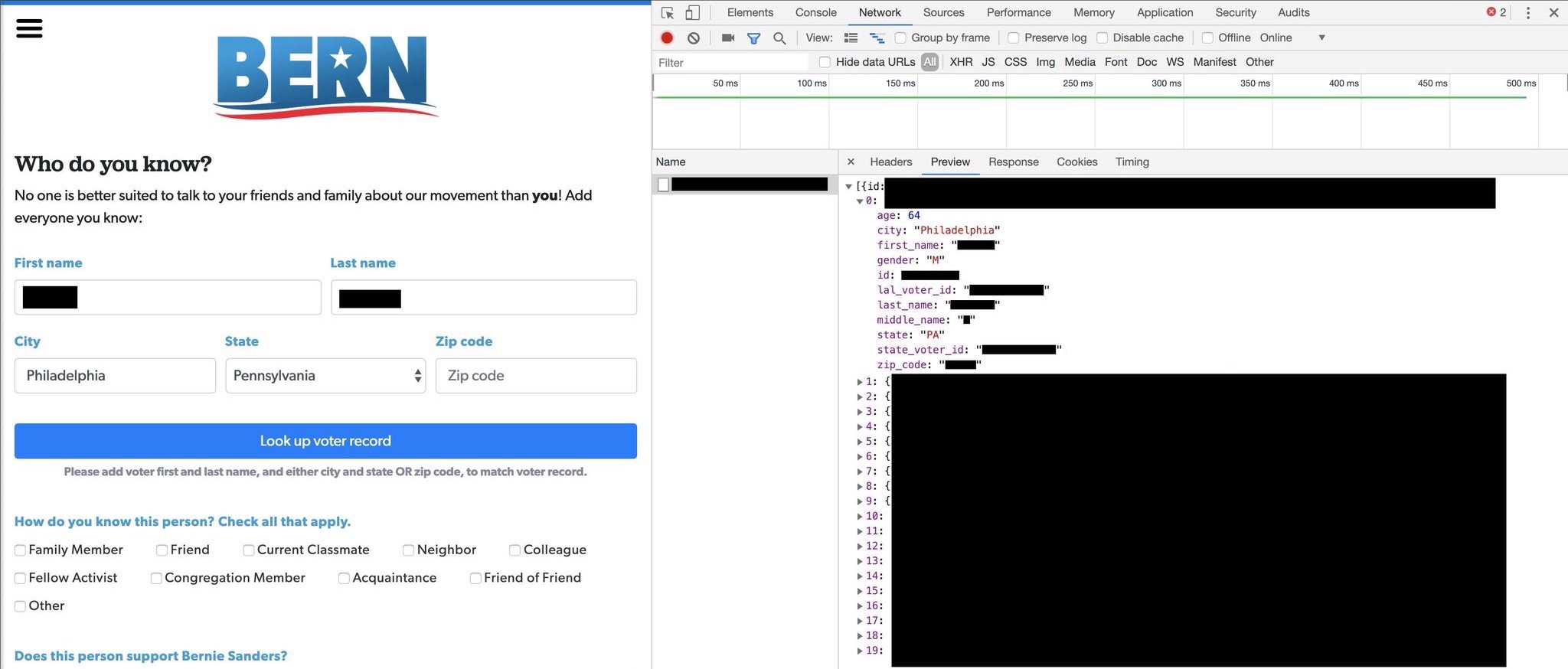 BERN's API response in Chrome DevTools